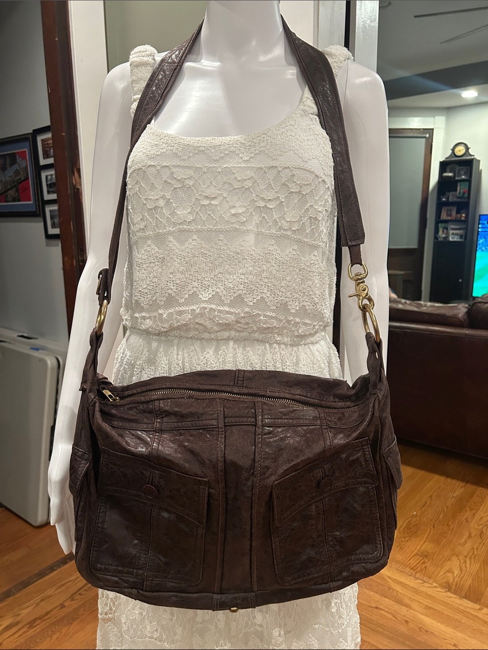 Maya Moon Leather large Crossbody Shoulder Bag - Brown